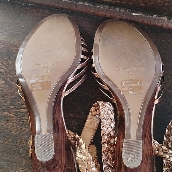 Etienne Aigner Braided Sandals Ankle Straps, Bronze 3-Inch Heel, Party Size 8.5M - Picture 4 of 7